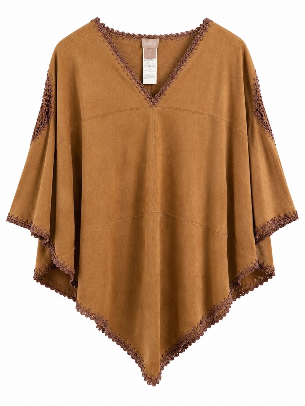Chico’s Faux Suede & Crochet Sleeve Poncho, L, Western, Boho, Beach, 70s